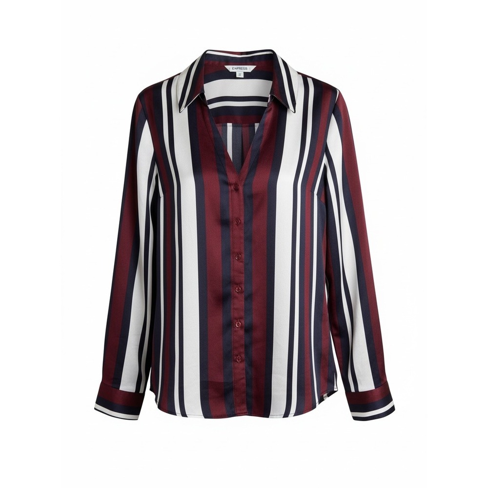 Express Women's Small Burgundy Navy White Striped Button Down Blouse